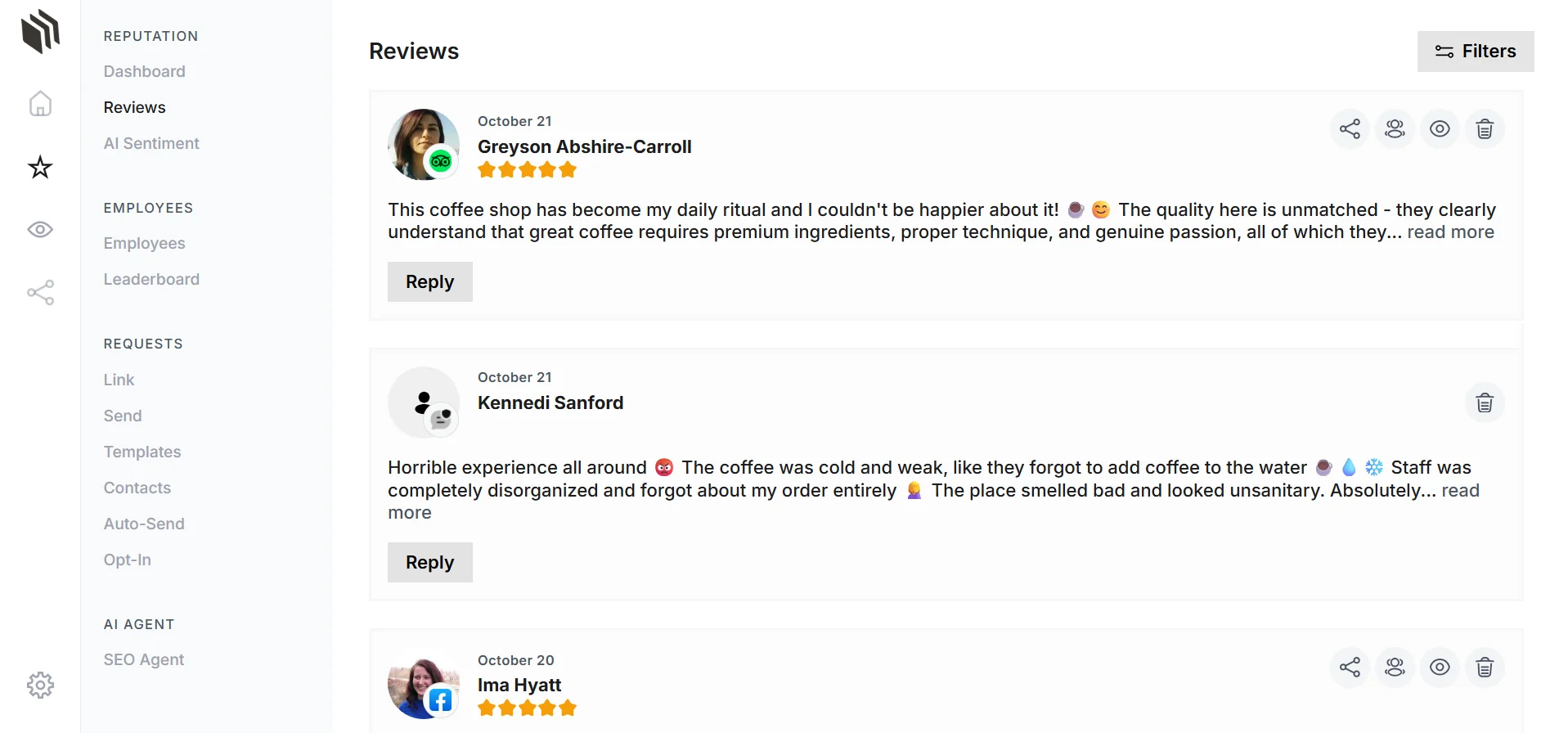 The Reviews page in the Webdeck dashboard, with each review and a reply button.