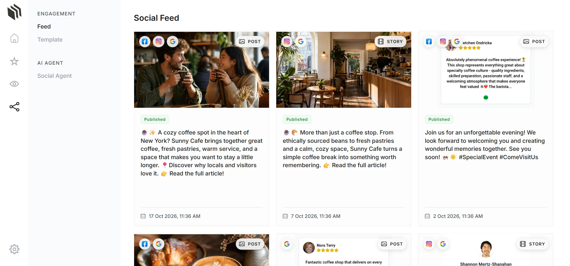 The Social Feed in the Webdeck dashboard, with posts and stories made from your reviews.